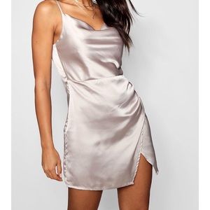 Cowl Neck Wrap Front Luxe Satin Mini Silver Dress